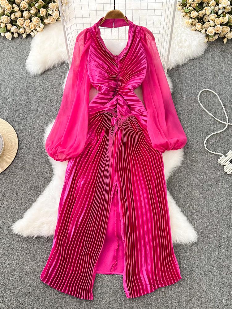 Casual Dresses Women Spring Autumn Dress Temperament Vintage Bubble Long Sleeve Hanging Neck Open Back Slim Split Metal Pleated Vestidos, Red
Casual Dresses Women Spring Autumn Dress Temperament Vintage Bubble Long Sleeve Hanging Neck Open Back Slim Split Metal Pleated Vestidos, Red