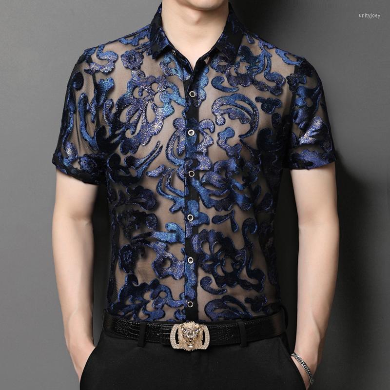 Men's Casual Shirts Transparent Silky Blue Jacquard For Men Short Sleeve Summer Quality Velvet Hollow Breathable Slim Camisa Masculina, Picture shown
Men's Casual Shirts Transparent Silky Blue Jacquard For Men Short Sleeve Summer Quality Velvet Hollow Breathable Slim Camisa Masculina, Picture shown