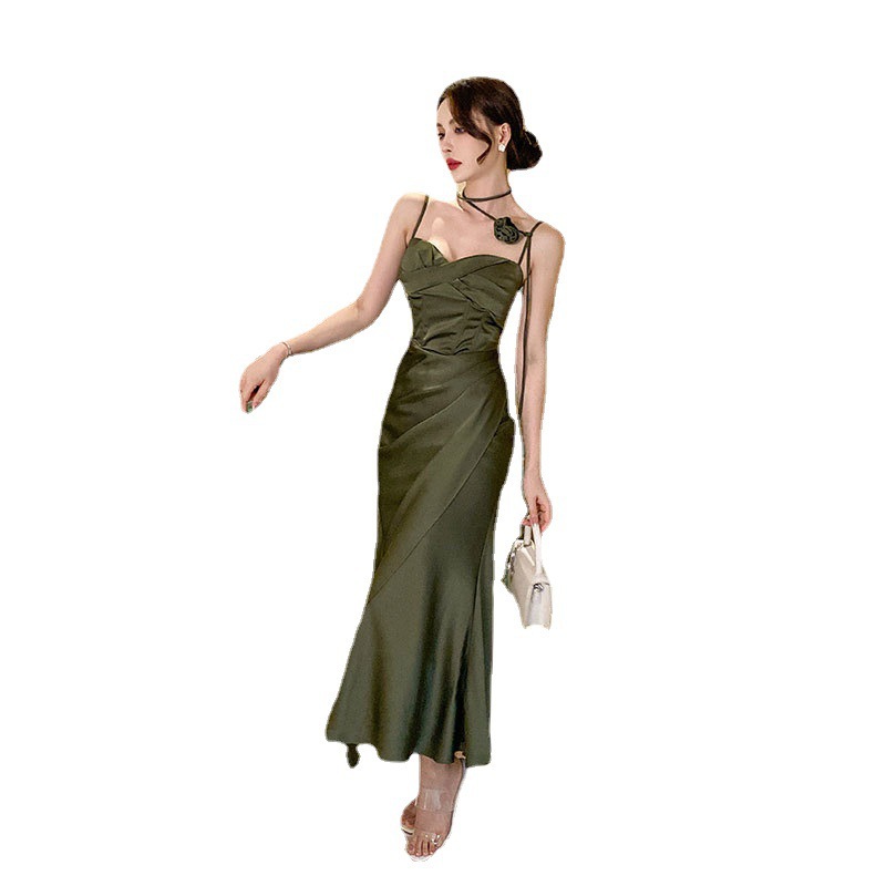 Casual Dresses Floral Chocker Attached Satin Cami Maxi Dress Elegant Olive Color