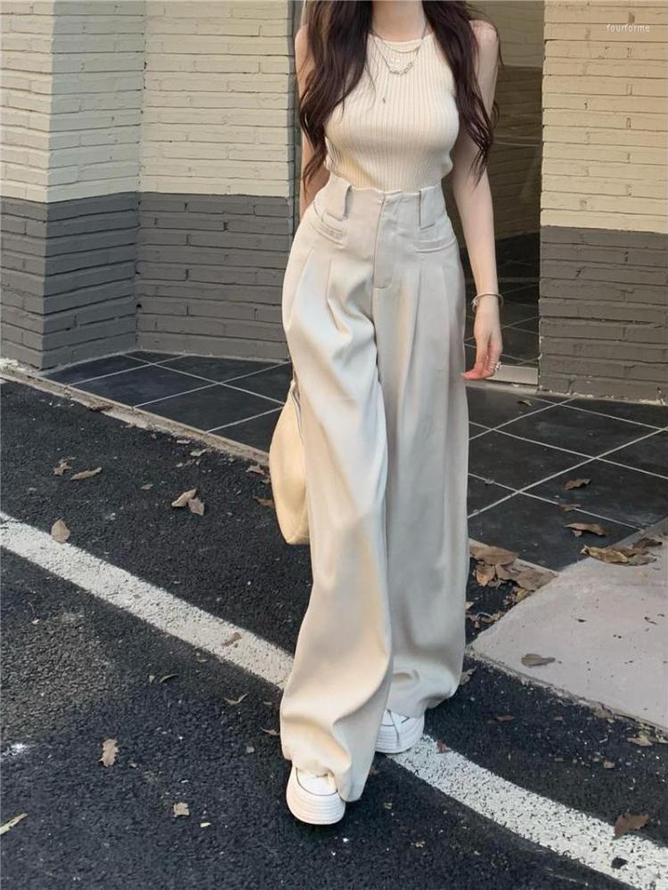 

Women's Pants HOUZHOU Women White Wide Leg Suit Korean High Waist Casual Trousers Chic Elegant Female Autumn Fashion Baggy Solid, Khaki