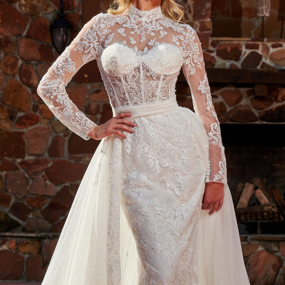Sexy Mermaid Wedding Dress High Neck Long Sleeves Corset Bodice with Detachable Line Bridal Gowns Applique with Beads