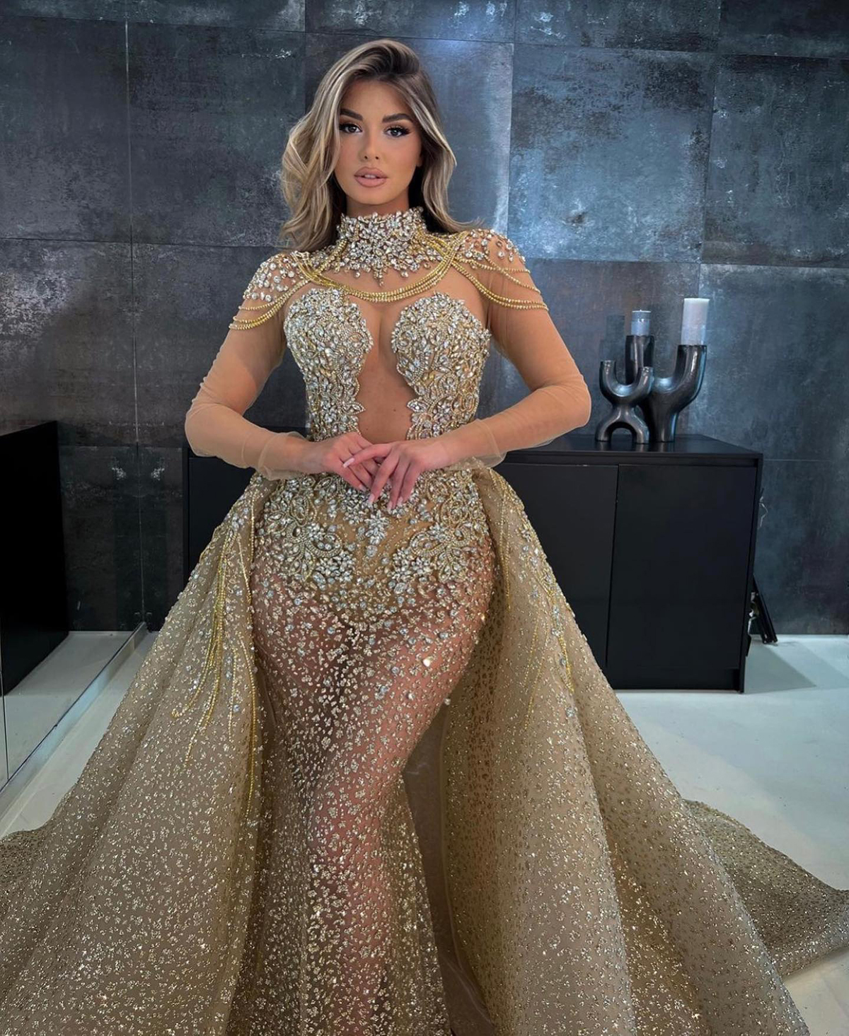 Glamorous Mermaid Prom Dresses High Neck Shining Applicant Lace Beads Hollow Chain Detachable Train Custom Made Plus Size Party Dress Vestido De Noite