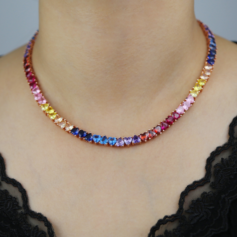 Rainbow Colorful Heart Tennis Chain Choker - Rose Gold Color Summer Jewelry
