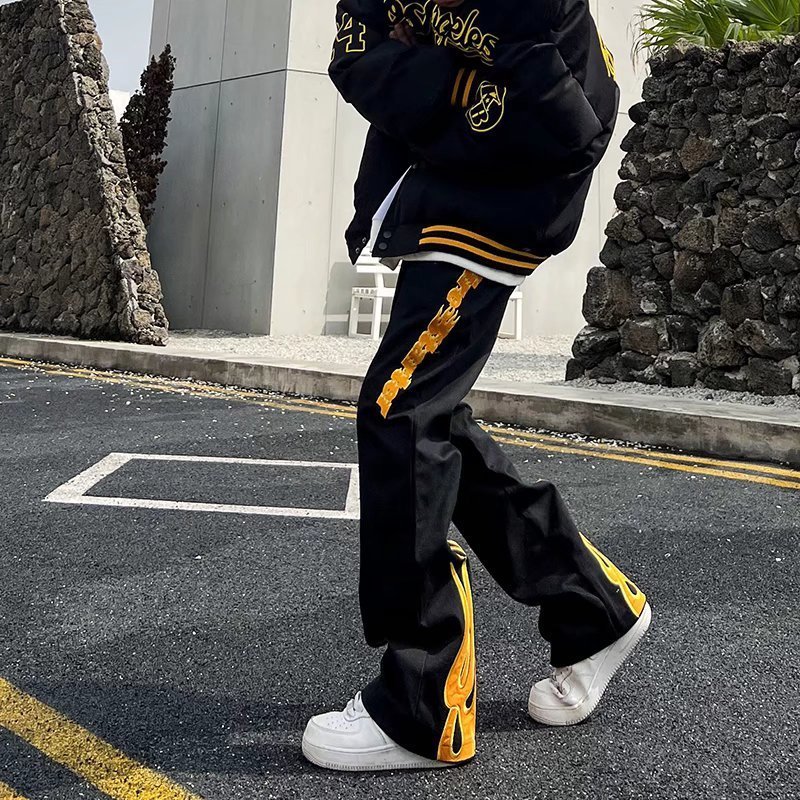 Mens Jeans Fried Street Embroidery Hiphop Black Flame High Men Harajuku Flared Goth Denim Pants Printed Boyfriend 230606