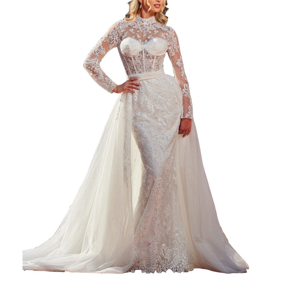 Sexy Mermaid Wedding Dress High Neck Long Sleeves Corset Bodice with Detachable Line Bridal Gowns Applique with Beads