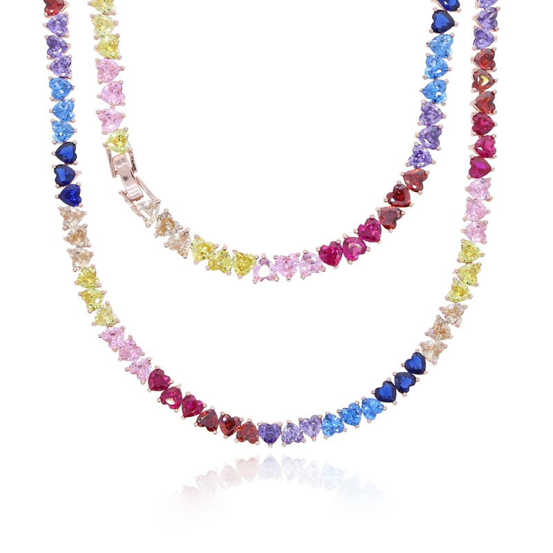 Rainbow Colorful Heart Tennis Chain Choker - Rose Gold Color Summer Jewelry