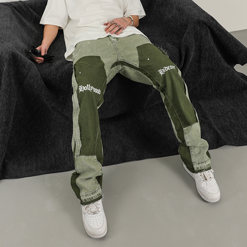Mens Jeans Vintage Distressed Graffiti Micro Flared Denim Jean Hip Hop Splash Ink Colorblocked Street Wear Casual Slim Fit 230606