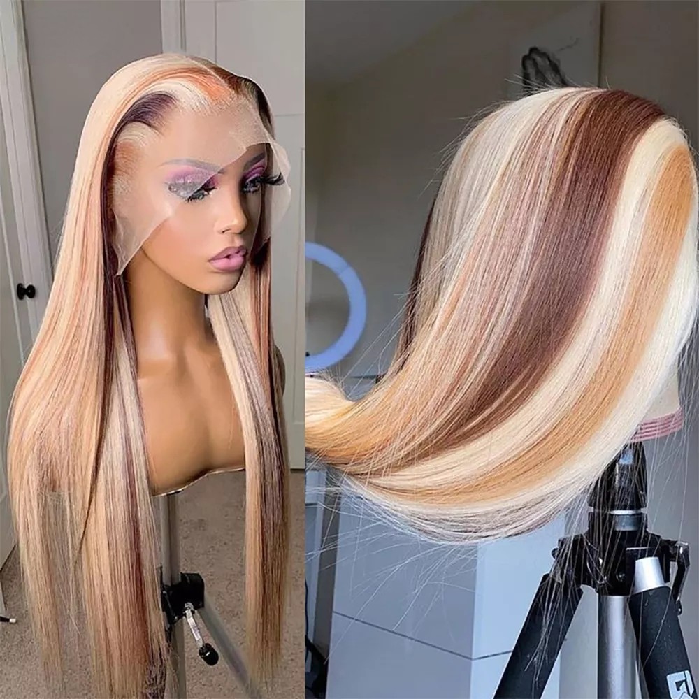 Free shipping Ash Blonde Highlights Wigs Transparent Full Front Human Hair for Women Bone Straight Natural Real Lace Frontal Wig Qearl