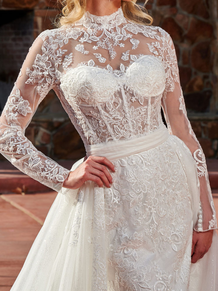 Sexy Mermaid Wedding Dress High Neck Long Sleeves Corset Bodice with Detachable Line Bridal Gowns Applique with Beads