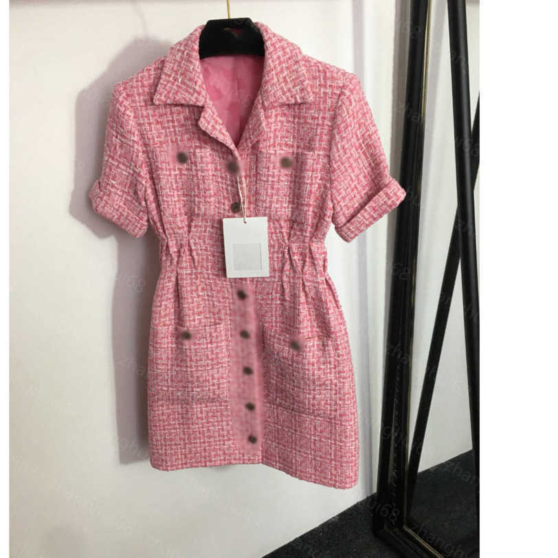 23ss summer dresses women dress womens designer clothing Girl style single breasted tweed lapel waist short sleeve dress High quality womens clothing a1