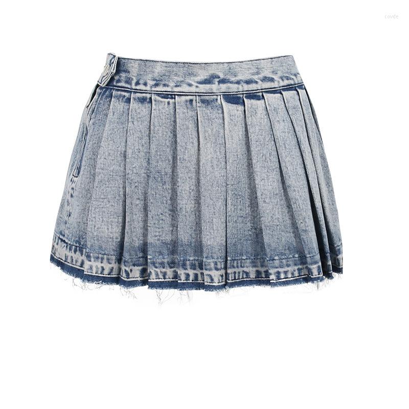Blue Denim Mini For Women - Y Streetwear, High Waist A-E Pleated, Distressed Jean Skirt