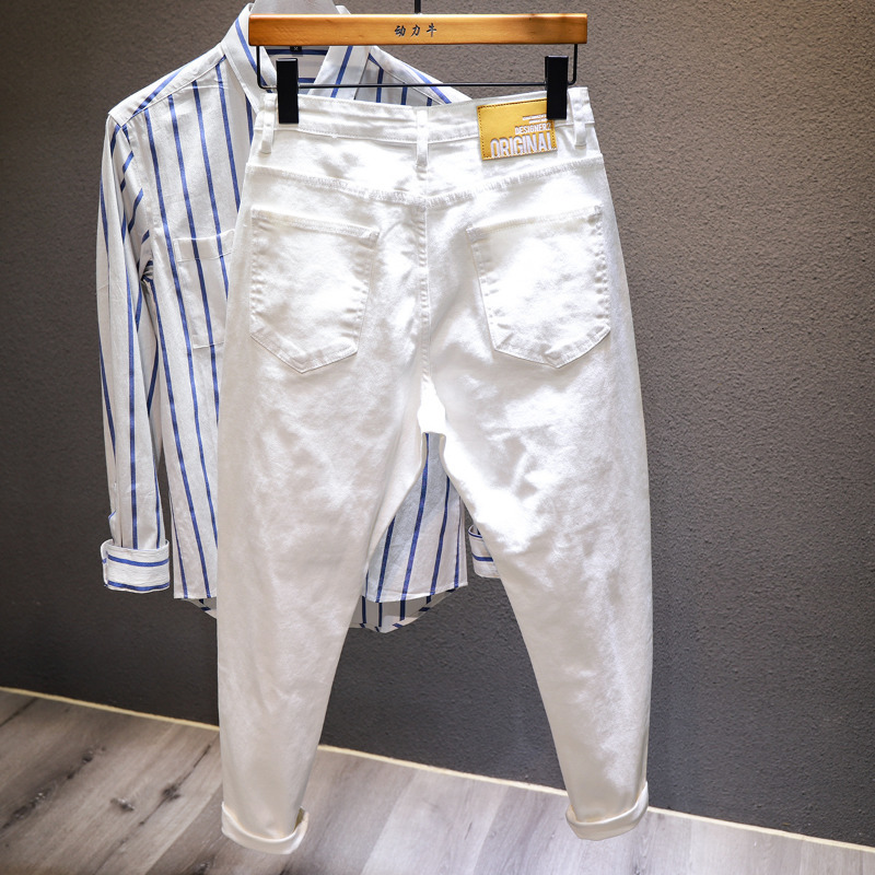 Mens Jeans White Men Allmatch Fashion Ripped Hole Slim Stretch Harem Pants Comfortable Male Streetwear Denim Trousers 230606