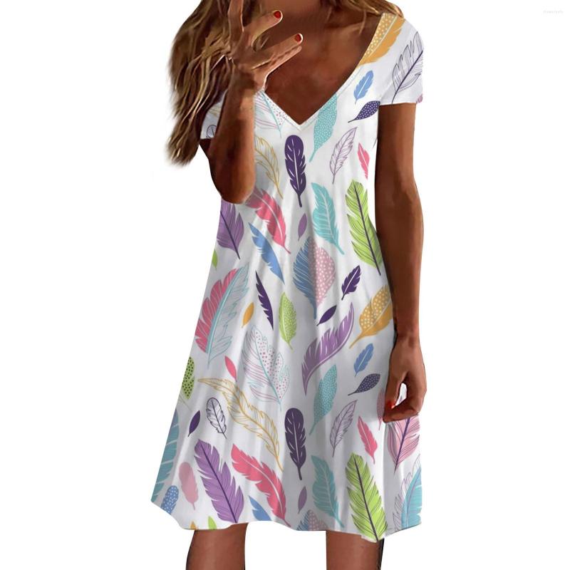 Casual Dresses Elegant For Women Short Sleeve V Neck Floral Print Dress Formal Occasion Woman Clothing