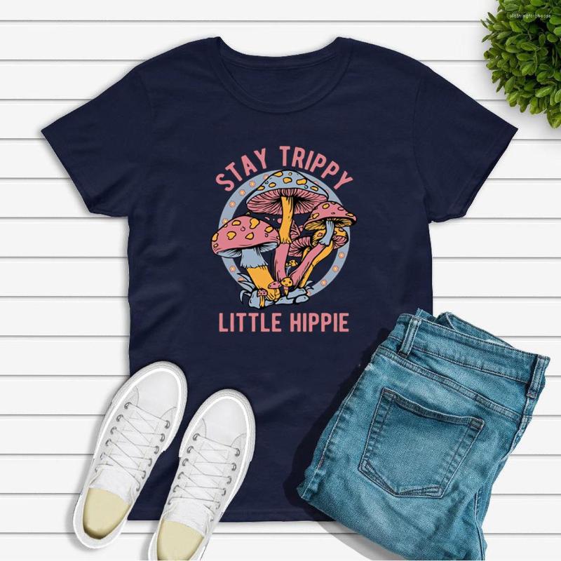 

Women' T Shirts Stay Trippy Little Hippie T-shirt Mushroom Tshirts Retro Shirt Nature Lover Tee Short Sleeve Graphic Plant Top, Black