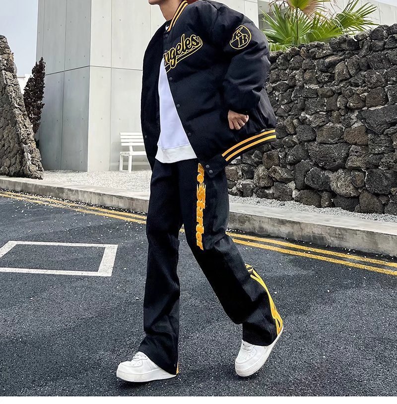 Mens Jeans Fried Street Embroidery Hiphop Black Flame High Men Harajuku Flared Goth Denim Pants Printed Boyfriend 230606