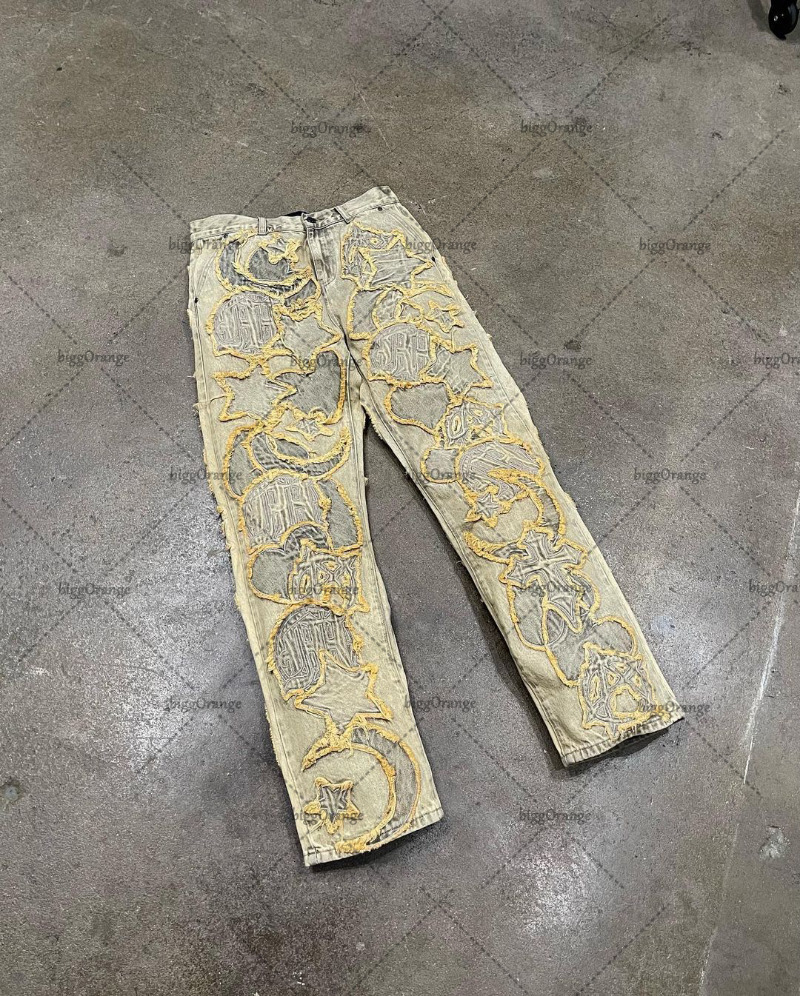 Mens Jeans American High Street Trendy Washed Star Moon Oversized Men Y2K Gothic Rock Waist Loose Wide Leg Straight Pants 230606