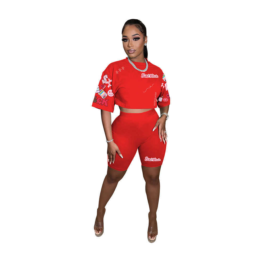 Womens Summer Fashion Digital Printing Positioning Flower Round Neck Short Sleeve Shorts Set