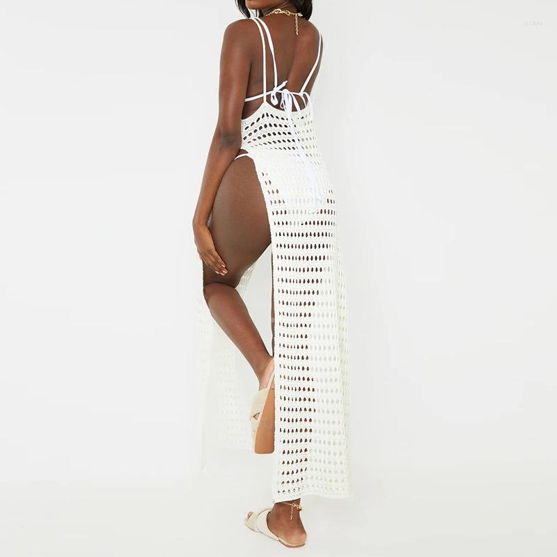 Casual Dresses BKLD Knit Straps Long Women Vacation Beach Outfits 2024 Open Back Cut-out Perspective High Slit Girls Cover Up Dress