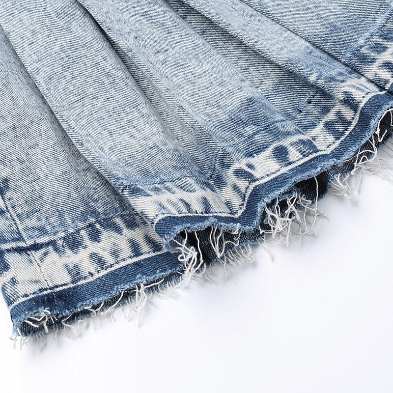 Blue Denim Mini For Women - Y Streetwear, High Waist A-E Pleated, Distressed Jean Skirt