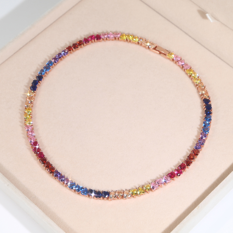 Rose Gold Color Rainbow Colorful Summer Hot Selling Jewelry Heart Shaped Tennis Chain Choker Necklace Jewelry Drop Ship