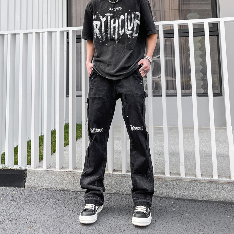 Mens Jeans Vintage Distressed Graffiti Micro Flared Denim Jean Hip Hop Splash Ink Colorblocked Street Wear Casual Slim Fit 230606