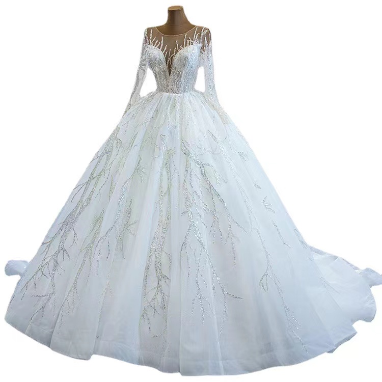 Dubai white Wedding Dresses With Long sleeve Crystal Pearls Puffy Bridal Ball Gowns Robe De Mariee 2023 Appliques Casamento sequined bg wed dress ball