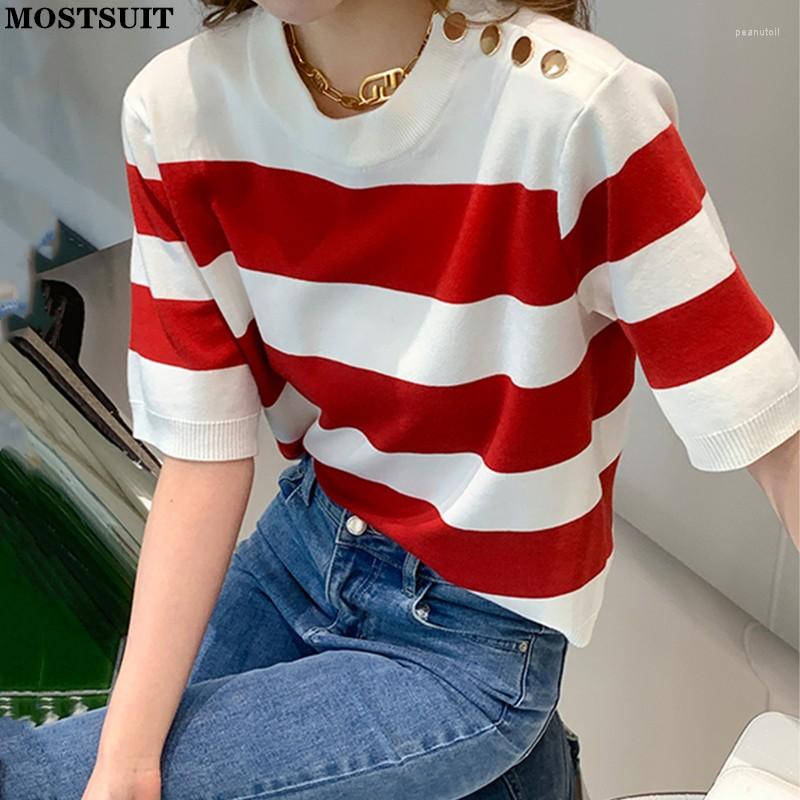Women's Sweaters Gold Buttons Striped Knit Pullover 2023 Summer Short Sleeve O-neck T-shirt Tops Casual Slim Fashion High Street Ladies, Red
Women's Sweaters Gold Buttons Striped Knit Pullover 2023 Summer Short Sleeve O-neck T-shirt Tops Casual Slim Fashion High Street Ladies, Red
