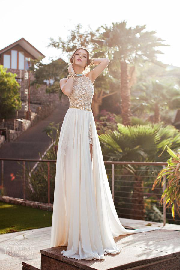 2023 Backless Wedding Dresses Eden Halter High Neck Chiffon Sheer Wedding Dress Lace Beads Sexy Side Slit Bride Gown cheap