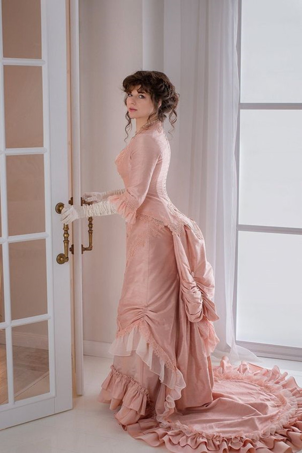 Blush pink Silk Victorian prom party Dresses Victorian Costume ball gown bustle long sleeve lace-up corset evening gown