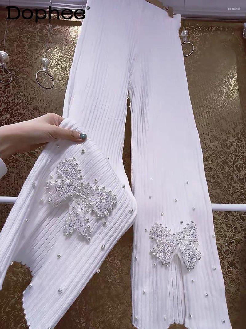 Women' Pants Korean Heavy Industry Beads Beaded Bow Split Flared Knitted Wide-Leg For Women Spring Summer Cool White Trousers
Women' Pants Korean Heavy Industry Beads Beaded Bow Split Flared Knitted Wide-Leg For Women Spring Summer Cool White Trousers