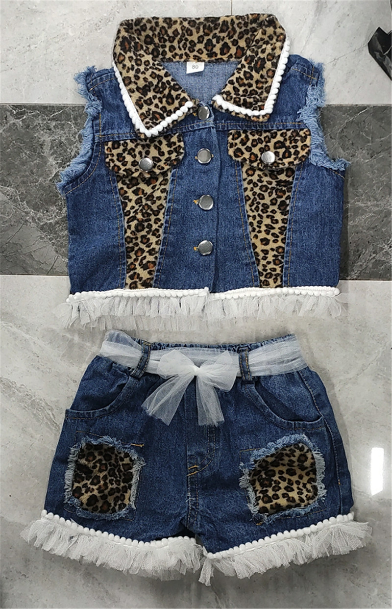 Clothing Sets 1-6years Baby Girls Denim Casual Outfit Sets Sleeveless Leopard Print Denim Top Leopard Print Denim Shorts Suits Girls 230605