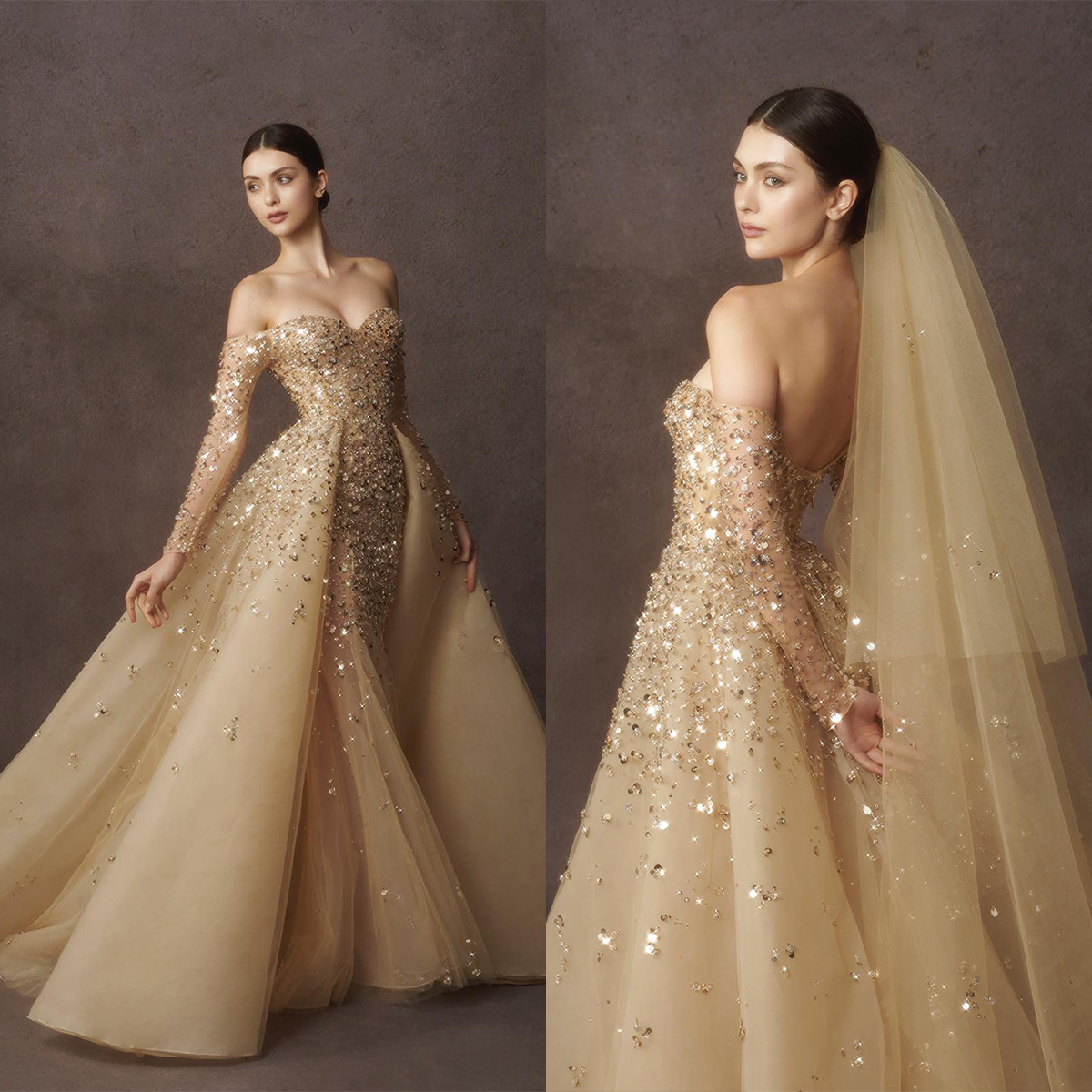 Gold Ball Gown Wedding Dresses V Neck Long Sleeves Sequins Appliques Beaded Floor Length Ruffles 3D Lace Detachable Train Bridal Gowns Plus Size Vesti