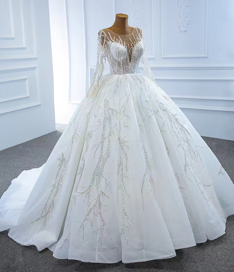 Dubai white Wedding Dresses With Long sleeve Crystal Pearls Puffy Bridal Ball Gowns Robe De Mariee 2023 Appliques Casamento sequined bg wed dress ball