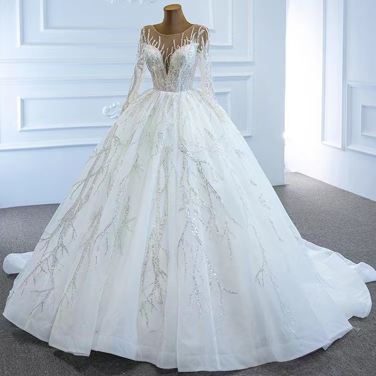 Dubai white Wedding Dresses With Long sleeve Crystal Pearls Puffy Bridal Ball Gowns Robe De Mariee 2023 Appliques Casamento sequined bg wed dress ball