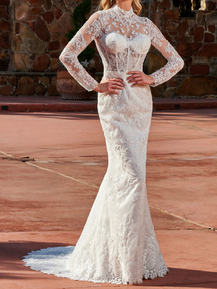 Sexy Mermaid Wedding Dress High Neck Long Sleeves Corset Bodice with Detachable Line Bridal Gowns Applique with Beads