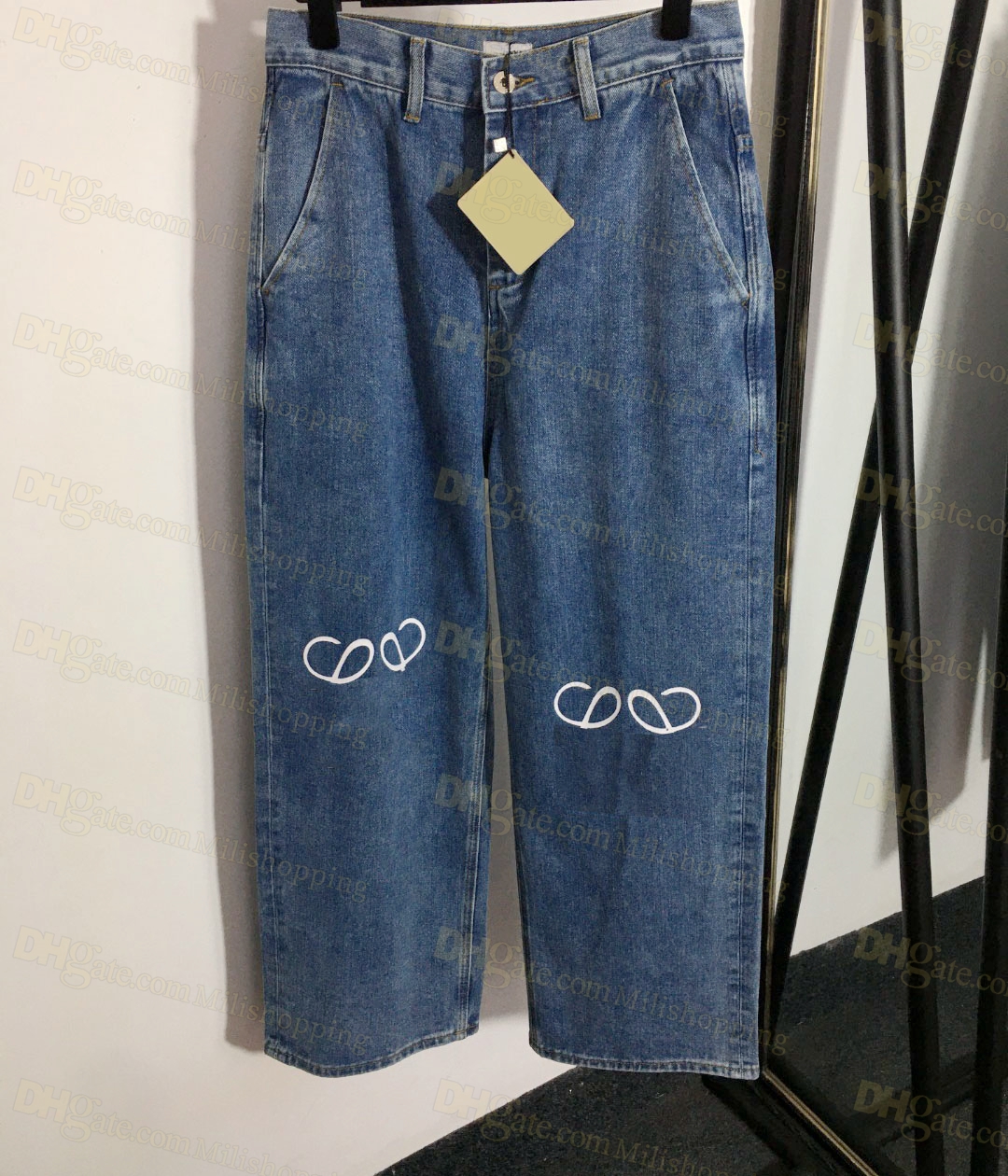 Women's Jeans High Waist Street Hollowed Out Patch Embroidered LOGO Decoration Casual Blue Straight Denim Pants