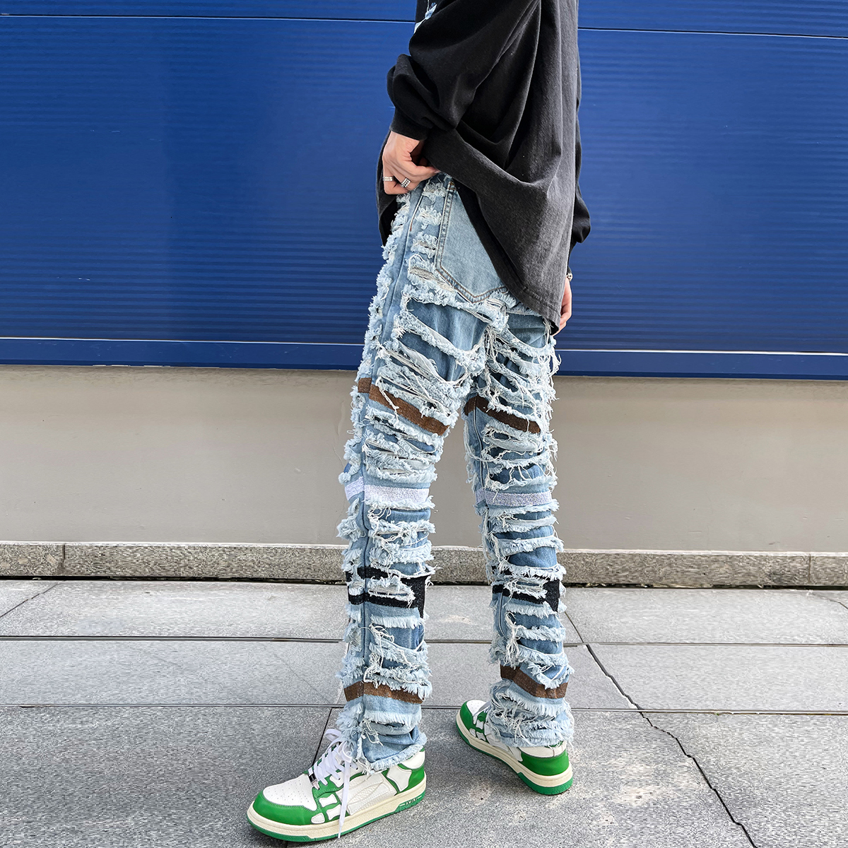 Mens Jeans Y2k Pleated Slim Ripped Washed Distressed Seasons Streetwear Hip Hop Big Destroyed Biker Skinny Denim for Male 230606