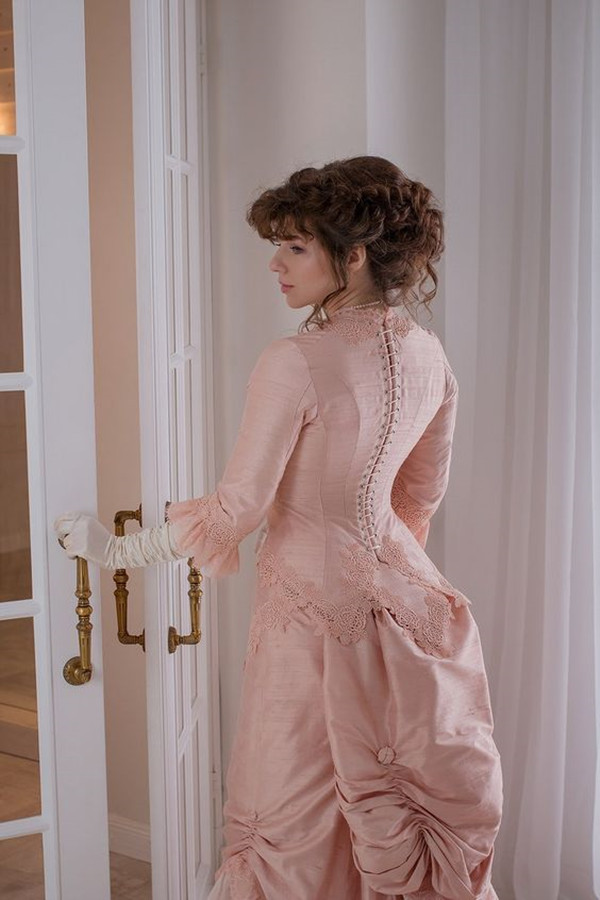 Blush pink Silk Victorian prom party Dresses Victorian Costume ball gown bustle long sleeve lace-up corset evening gown