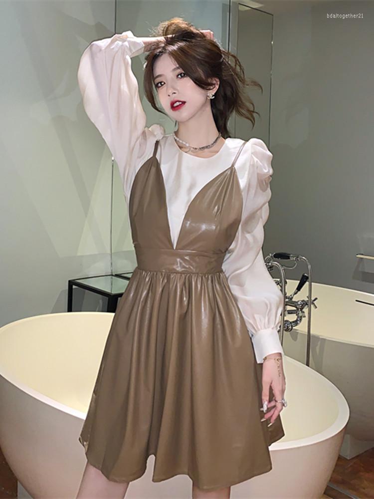 Work Dresses Spring Korean Fashion Casual Two Piece Dress Sets Women Bubble Long-sleeved Shirt And PU Leather Sling Suits Outfits, Black
Work Dresses Spring Korean Fashion Casual Two Piece Dress Sets Women Bubble Long-sleeved Shirt And PU Leather Sling Suits Outfits, Black