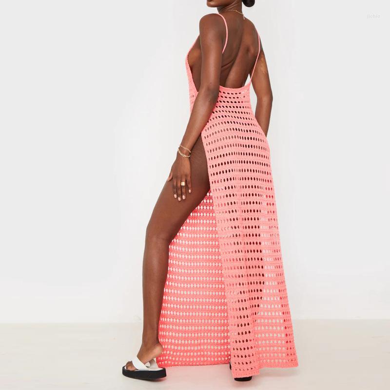 Casual Dresses BKLD Knit Straps Long Women Vacation Beach Outfits 2024 Open Back Cut-out Perspective High Slit Girls Cover Up Dress