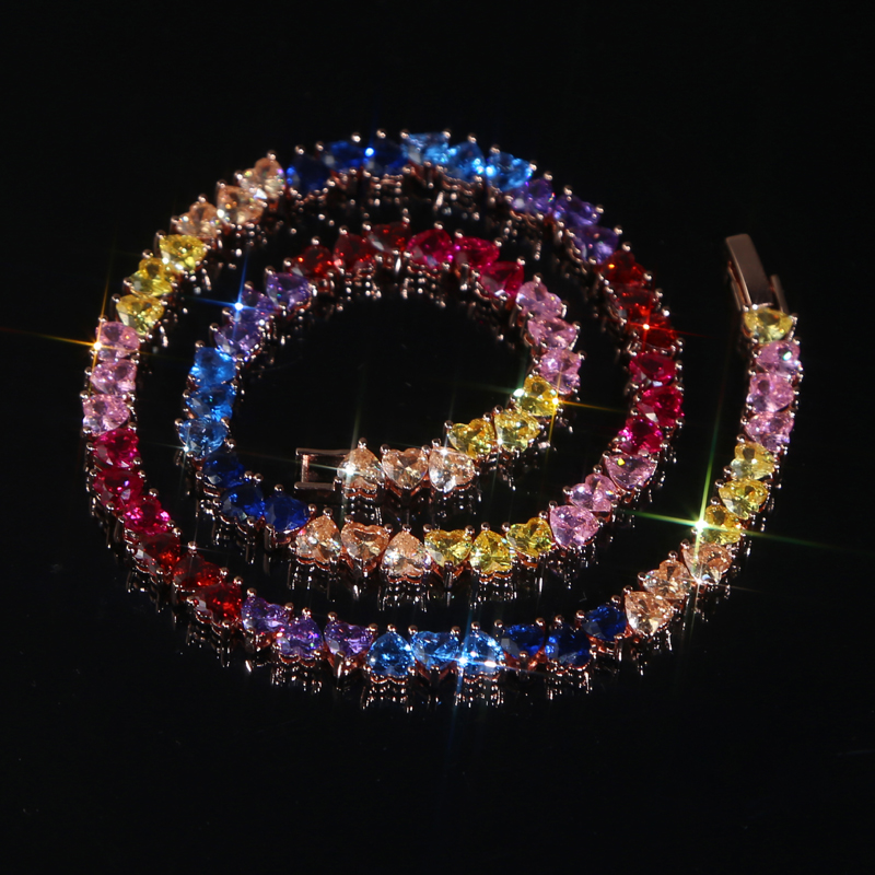 Rainbow Colorful Heart Tennis Chain Choker - Rose Gold Color Summer Jewelry