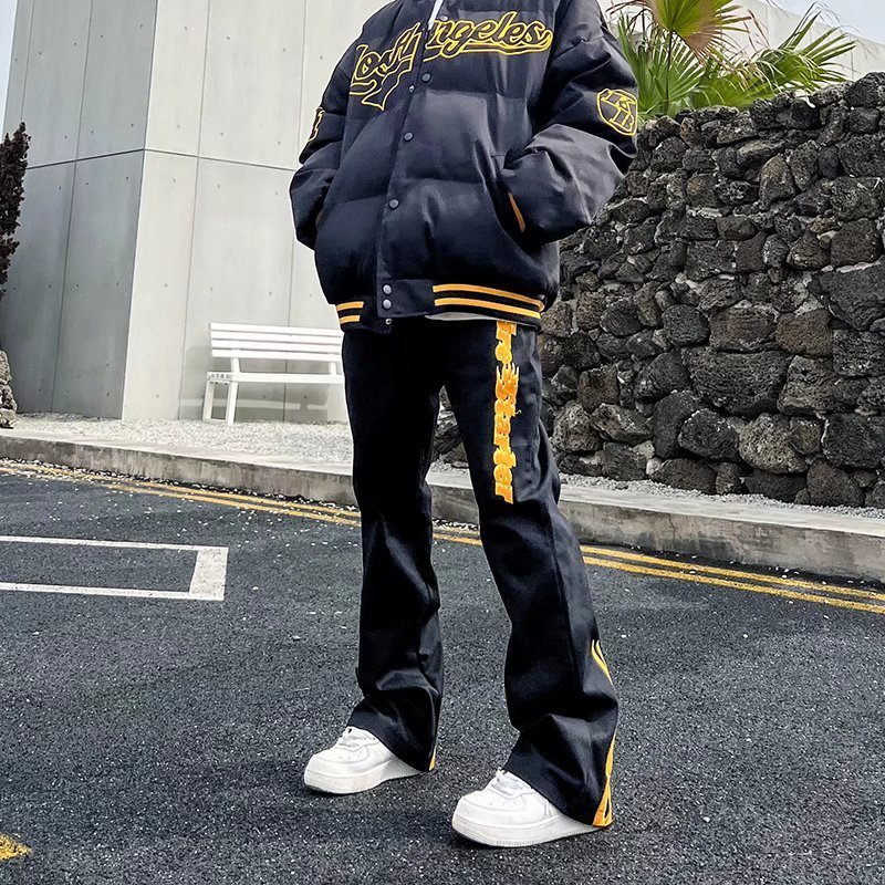 Mens Jeans Fried Street Embroidery Hiphop Black Flame High Men Harajuku Flared Goth Denim Pants Printed Boyfriend 230606