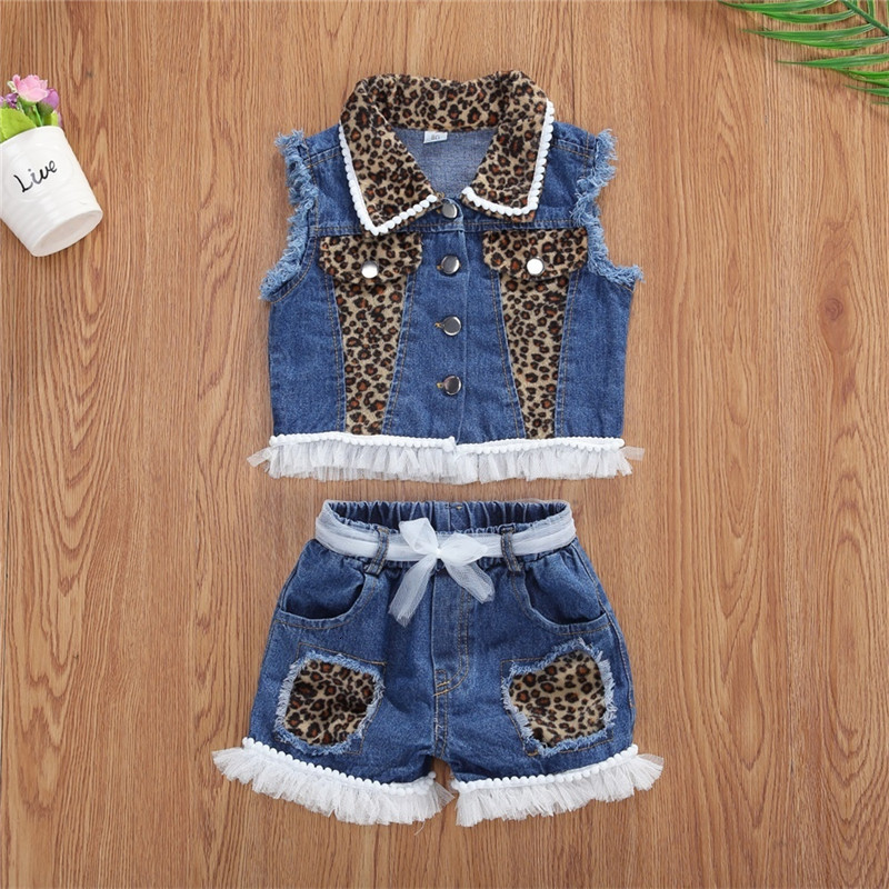 Clothing Sets 1-6years Baby Girls Denim Casual Outfit Sets Sleeveless Leopard Print Denim Top Leopard Print Denim Shorts Suits Girls 230605