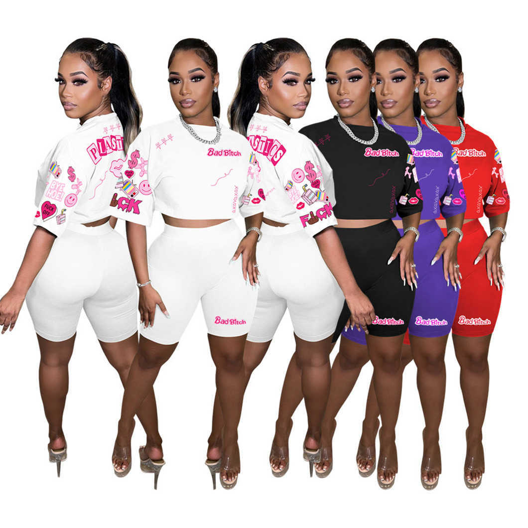 Womens Summer Fashion Digital Printing Positioning Flower Round Neck Short Sleeve Shorts Set