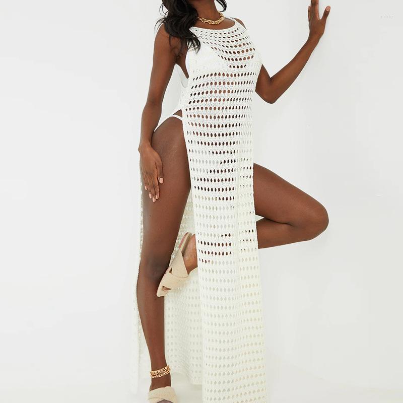 Casual Dresses BKLD Knit Straps Long Women Vacation Beach Outfits 2024 Open Back Cut-out Perspective High Slit Girls Cover Up Dress