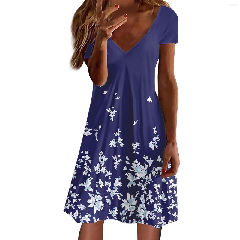 Casual Dresses Elegant For Women Short Sleeve V Neck Floral Print Dress Formal Occasion Woman Clothing