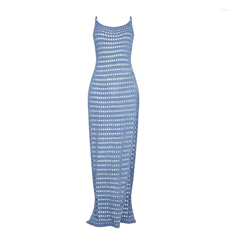 Casual Dresses BKLD Knit Straps Long Women Vacation Beach Outfits 2024 Open Back Cut-out Perspective High Slit Girls Cover Up Dress