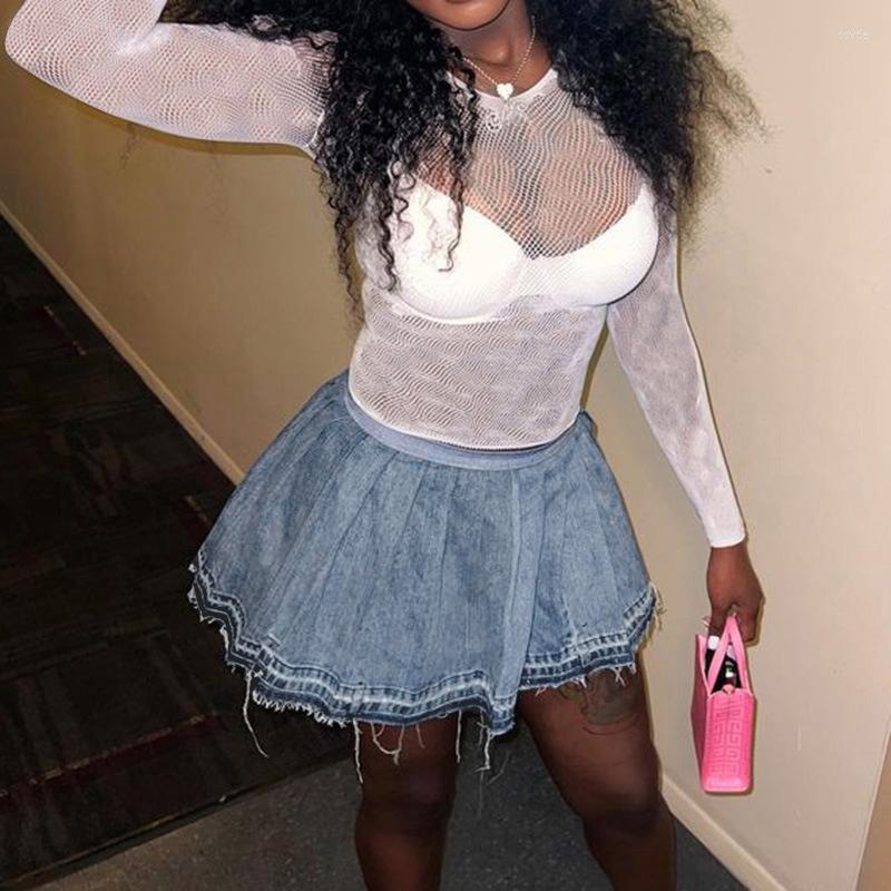 Blue Denim Mini For Women - Y Streetwear, High Waist A-E Pleated, Distressed Jean Skirt