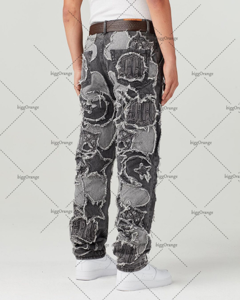 Mens Jeans American High Street Trendy Washed Star Moon Oversized Men Y2K Gothic Rock Waist Loose Wide Leg Straight Pants 230606