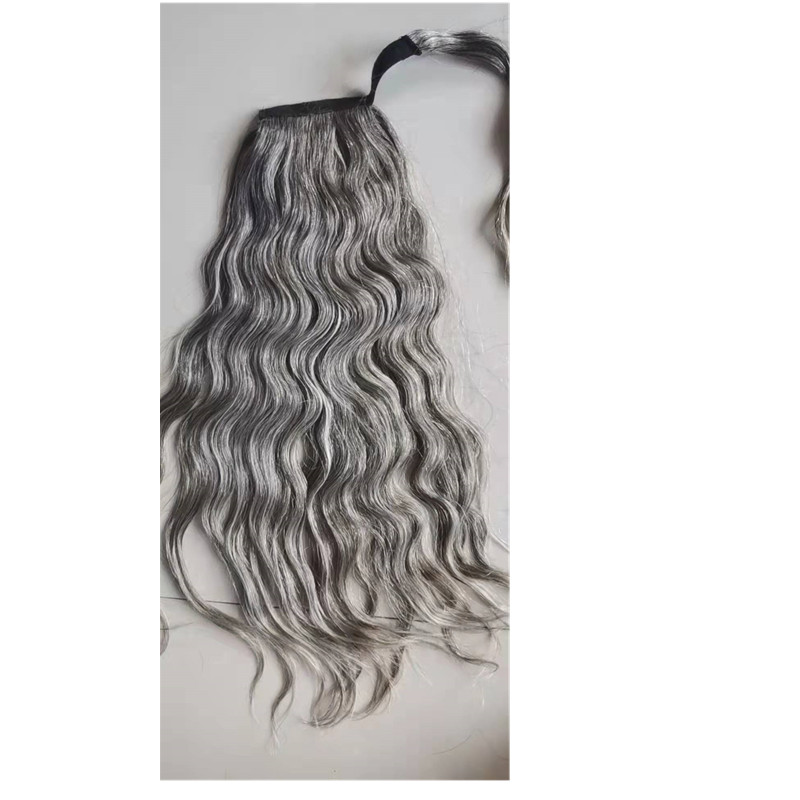 Slaying the wavy gray human hair ponytail hairpiece extension salt and pepper natural grey drawstring wraps around clips pony tail hair piece 120g 140